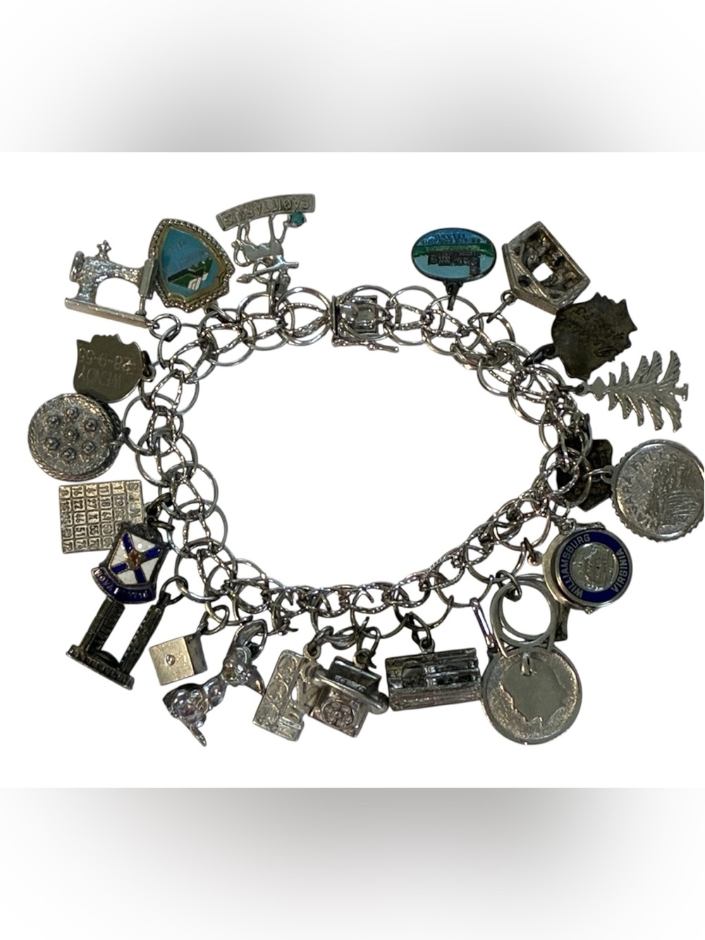VINTAGE STERLING SILVER CHARM BRACELET 65G SEVEN STAR 20+ CHARMS LANDMARK